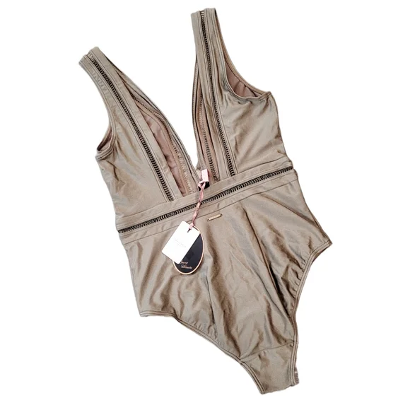 NWT Ted Baker Pointelle Deep V Plunge One Piece Swimsuit Khaki Green 8 - Picture 7 of 12